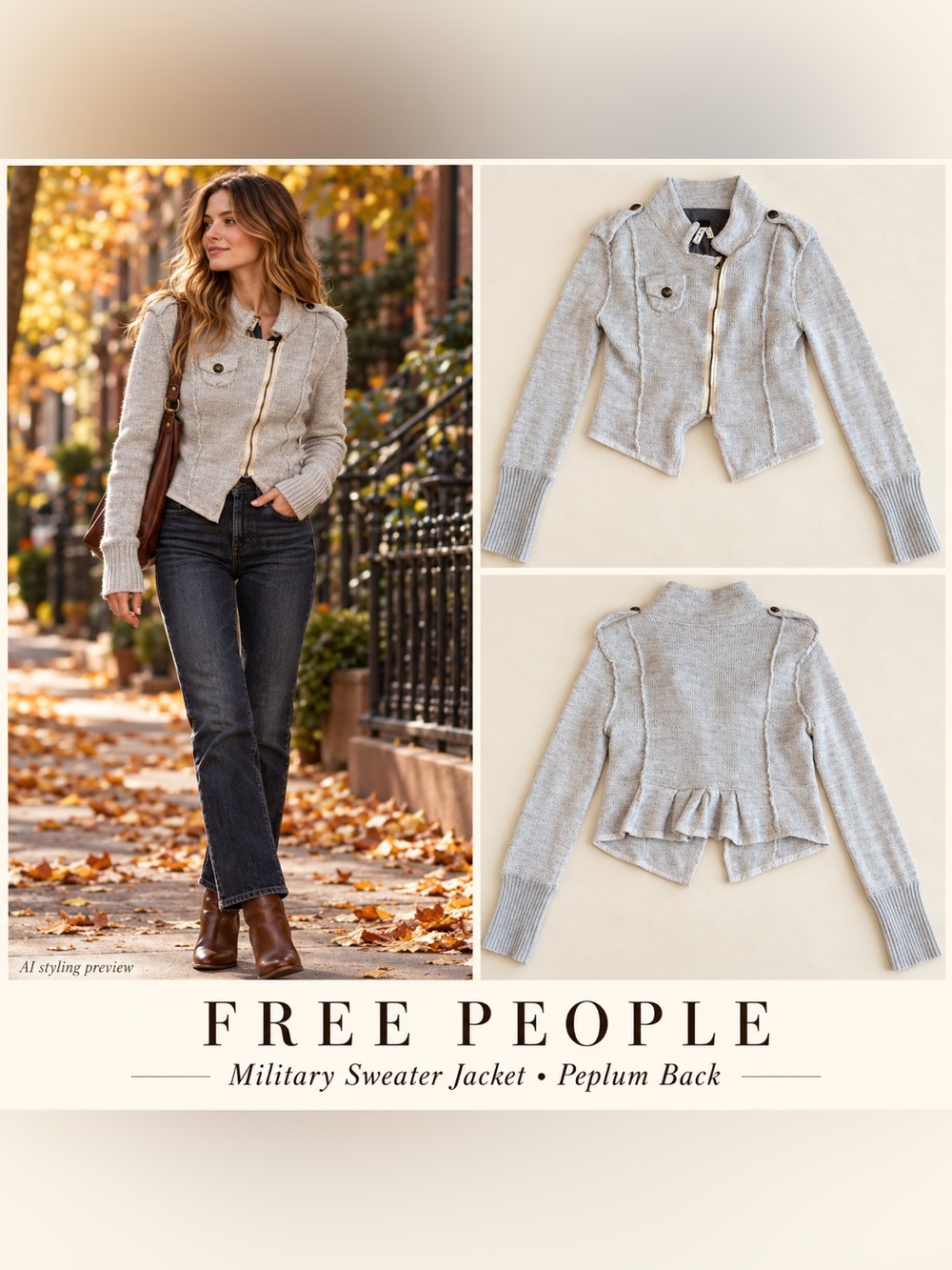 Free People Cream Knit Military-Style Sweater Jacket with Peplum Back